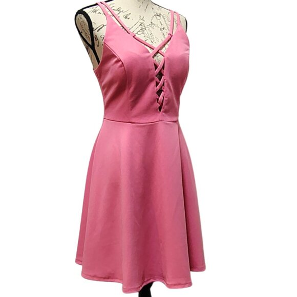Pink lace up front skater dress a-line mini dress size large - coquette party - Picture 3 of 7